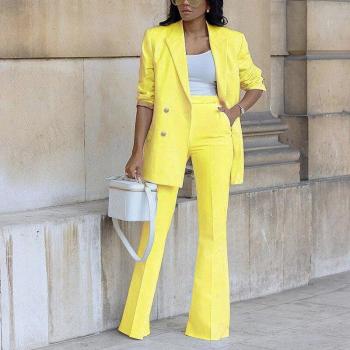 Conjunto de blazer y pantalones para mujer, traje elegante en blanco y amarillo