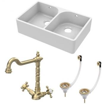 Fireclay 2 Bowl Full Weir Butler Sink Wastes Tap Brushed Brass 795mm