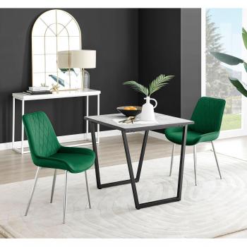 FurnitureboxUK Carson White Marble Effect Square Dining Table & 2 Velvet Pesaro Silver Leg Chairs