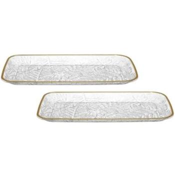Ensemble de 2 Assiettes en Plastique Transparent avec Décor Feuilles et Contour Doré (L34 cm)