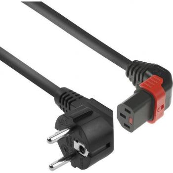 Iec Lock 230V Powercord CEE 7/7 male(angled) to C13 (up angled) lockable, black, 1 meter (1 m), Stromkabel