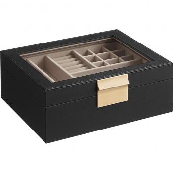 Caja de Joyas de 2 Niveles Negro Grafito y Dorado Metálico