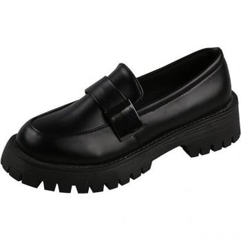 EOFK Women's Round Toe Black PU Leather Flats