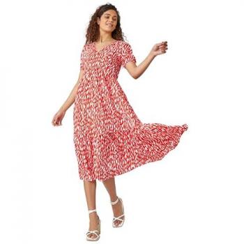 Abstract Frill Hem Midi Dress in Red - Size 10