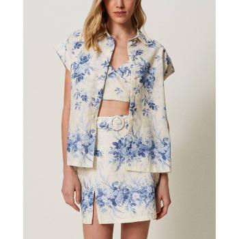 Camicia Misto Lino Twinset Stampa Fiori Avorio/Blu Chalcedonie Taglia 48
