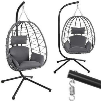 Makika Loungesessel Hängesessel mit Gestell Polyrattan Höhenverstellbar - 150 kg - Grau