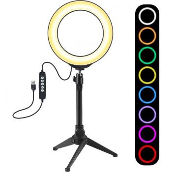 Lampe Anneau LED 160mm 6,2 pouces pour Vlog avec 10 Modes et 8 Couleurs RGBW + Support Trépied