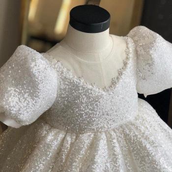 Girls' White Full Sequined Backless Tutu Dress - Birthday and Party Dress