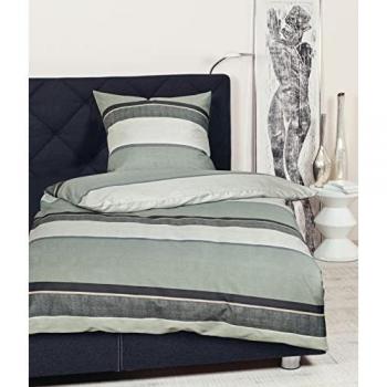 Janine Moments Mako‑Satin Set 155×220 cm & 80×80 cm – Grau Mondnebel/Jadehauch