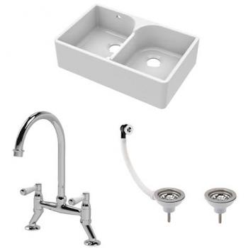 Fireclay 2 Bowl Stepped Weir Butler Sink WastesTap 795mm