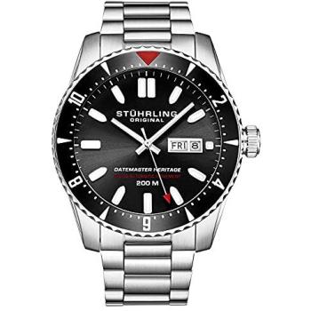 STÜHRLING Original Men's Swiss Automatic Datemaster Heritage Diver Watch 44mm in Black