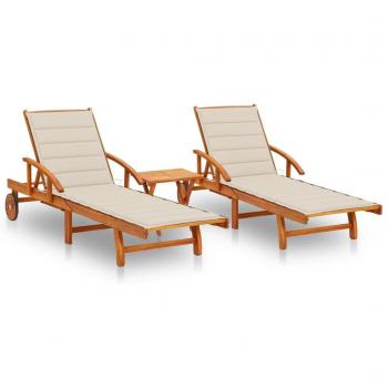 VidaXL Sonnenliegen-Set 2 Stück mit Tisch und Auflagen aus Akazie