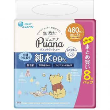 Elleair Puana Feuchte Papiertücher – 8×60 Packungen, 99% Additivfrei