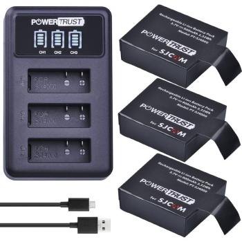 PowerTrust 4×SJ4000 Akku‑Set inkl. PG1050+LED Ladegerät – USB 3‑Schlüssel, kompatibel mit SJCAM SJ4000 bis M10