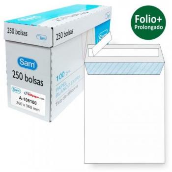 Bolsas folio prolongado Sam - Offset blanco - 260 x 360 mm - 100 g - Tira de silicona - Caja 250 bolsas