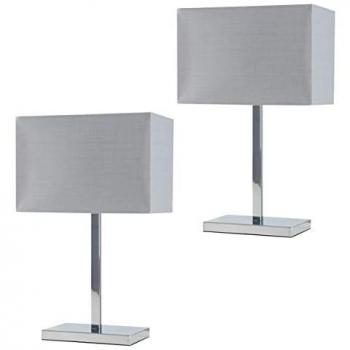 VALUELIGHTS Pair Chrome Tube Stem Table Lamp Grey Fabric Rectangle Shade - Add LED Bulbs