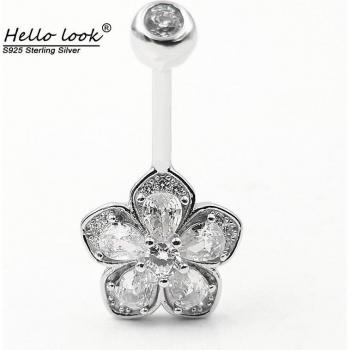 HelloLook 925 Sterling Silver Flower Belly Button Ring - Romantic Fine Body Jewelry for Women