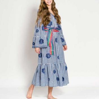 Boho Chic Blue Gingham Cotton Midi Dress