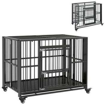 PawHut Dog Cage on Wheels, Heavy Duty and Foldable, 43 Inch, Includes Removable Tray