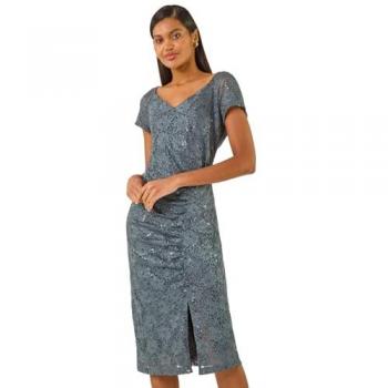Glimmering Lace Side-Ruched Grey Stretch Gown