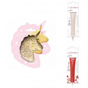 Set Galleta Unicornio Estampado + Dos Bolígrafos de Chocolate en Tonos Blanco y Rojo Gris
