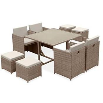 Mesa de jardín de resina 8 plazas, color beige, 110x110x73 cm