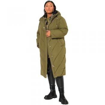 Damen Plus Size Steppmantel oversized in Dunkeloliv mit Kapuze und farbigem Futter, Größe 42/44