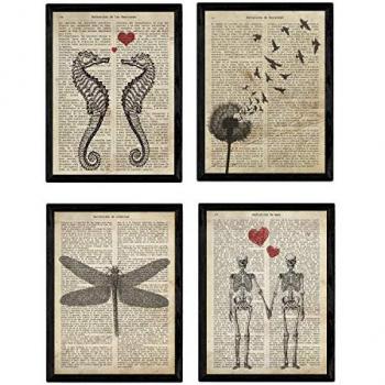 Set de 4 láminas con marco de enciclopedia vintage con caballito de mar diente de león libélula y pareja de esqueletos tamaño con marco marco negro a3