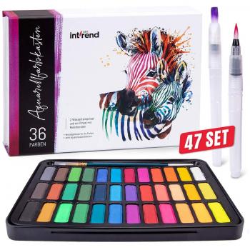 Int!rend Aquarellfarbkasten - 36 Wasserfarben, 1 Pinsel, 2 Wassertankpinsel, 8 Aquarellpapier