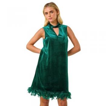 Green Velvet Feather Hem Dress for Women – Petite, Size 12