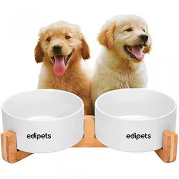 Edipets comedero doble de porcelana y bambú blanco para mascotas
