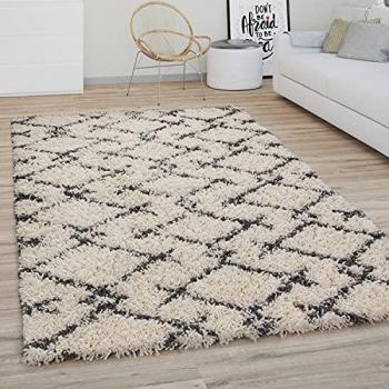 Tappeto Shaggy Pelo Lungo Moderno Boho Scandinavo Motivo Rombos 60x100 cm, Crema Antracite