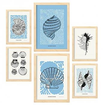 Conjunto de 6 láminas en tinta negra con conchas marinas - Arte decorativo para el hogar - Tamaños A3 y A4 - Marcos de madera