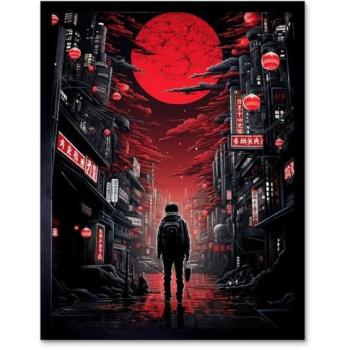 Midnight Blood Moon in Tokyo – Black Frame 12x16 Conceptual Poster