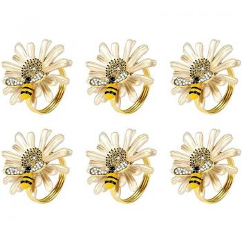 HGHO Set van 6 Gouden Bij Servetringen met Margrieten en Zonnebloemen