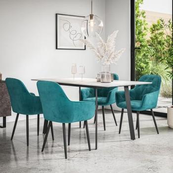 White Marble Extending Dining Table with Black Legs and Anika Velvet Chair Set of 4