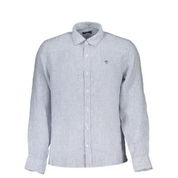 North Sails Blue Linen Stripe Long‑Sleeve French‑Collar