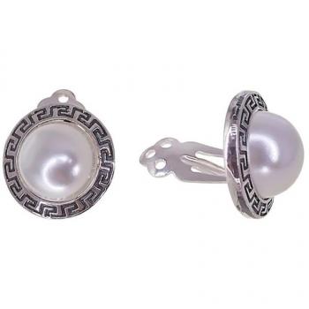 Pendientes Inmaculada Romero de dibujo de greca de 16 mm con plata de ley 925, perla y cierre clip para mujer