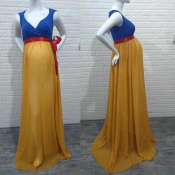 Princess Maternity Cosplay Maxi Dress - Blue and Yellow Chiffon Photography Prop Q11014