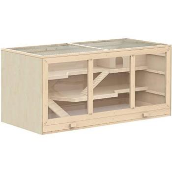 Cage Gerbille PawHut Double Niveau – Toit Ouvrant, Fenêtres – Bois Naturel