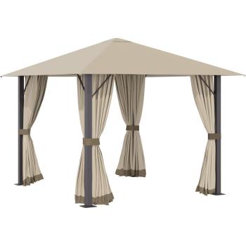 Outsunny Gartenpavillon Pavillon 3x3m, mit Belüftungslöcher, 4 x Seitenteile, wetterfest, rostbeständig, Alu, Polyester, 2,97x2,97x2,6m, khaki