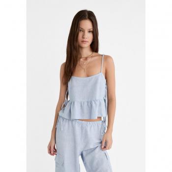 Striped Blue Linen Blend Top with Side Ties - Size S