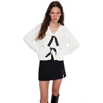 Dzianinowy Sweter Ecru z Wiązaniem