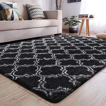 Calore Flauschiger Teppich für modernes Wohnen, Hochflor, Waschbar, Anti-Rutsch, 185 x 185 cm, Schwarz Weiß