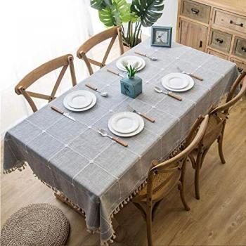 Lifetooler Tovaglia di Cotone Lavabile in Lino Tassel Tovaglia Antipolvere per la Decorazione della Cucina a Buffet da Pranzo (Grigio Reticolo, Rettangolare/Ovale, 140x180cm, 4-6 posti a Sedere)