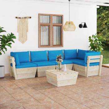 Muebles de jardín de palets 6 piezas con cojines de madera de abeto