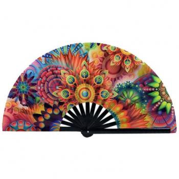 34 cm Large Folding Hand Fan - Rainbow Dot Print Black Bamboo & Nylon Cloth