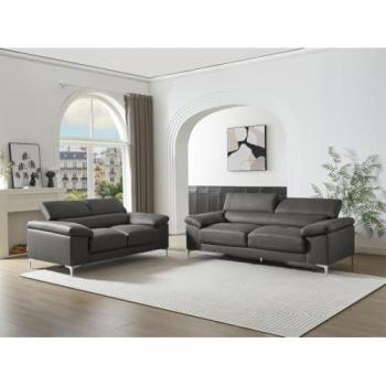 Canapé en cuir SOLANGE - 3+2 places - Anthracite - Confort ferme