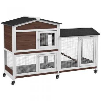 PawHut Two-Tier Wooden Pet Hutch with Wheels - Brown