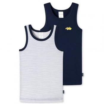 SCHIESSER Jungenunterhemden Dunkelblau Bagger-Motiv Ringel-Muster 2er-Pack